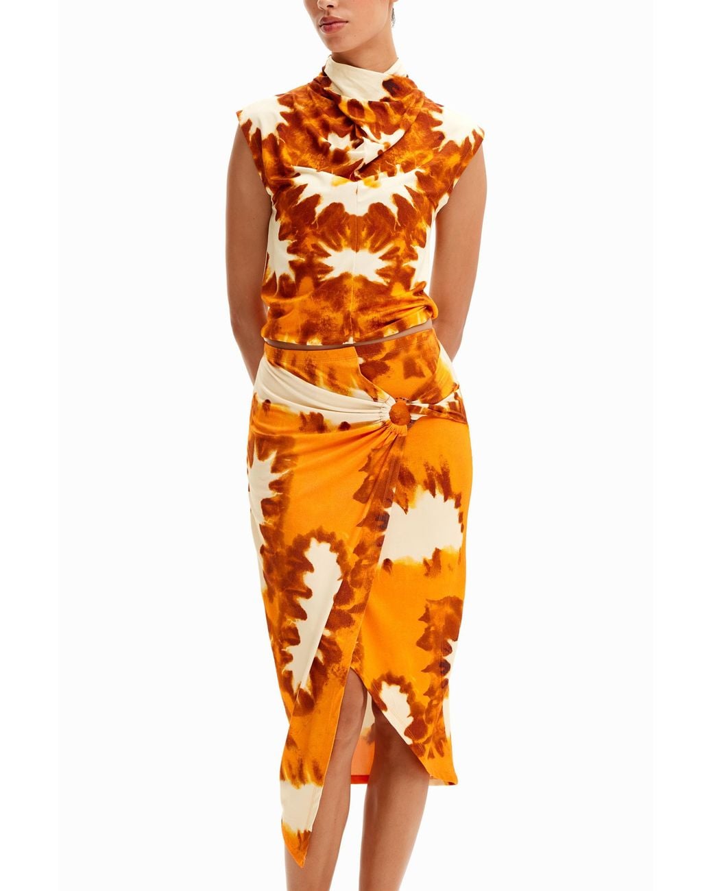 Desigual Orange Tie-Dye Wrap Midi Skirt, Viscose