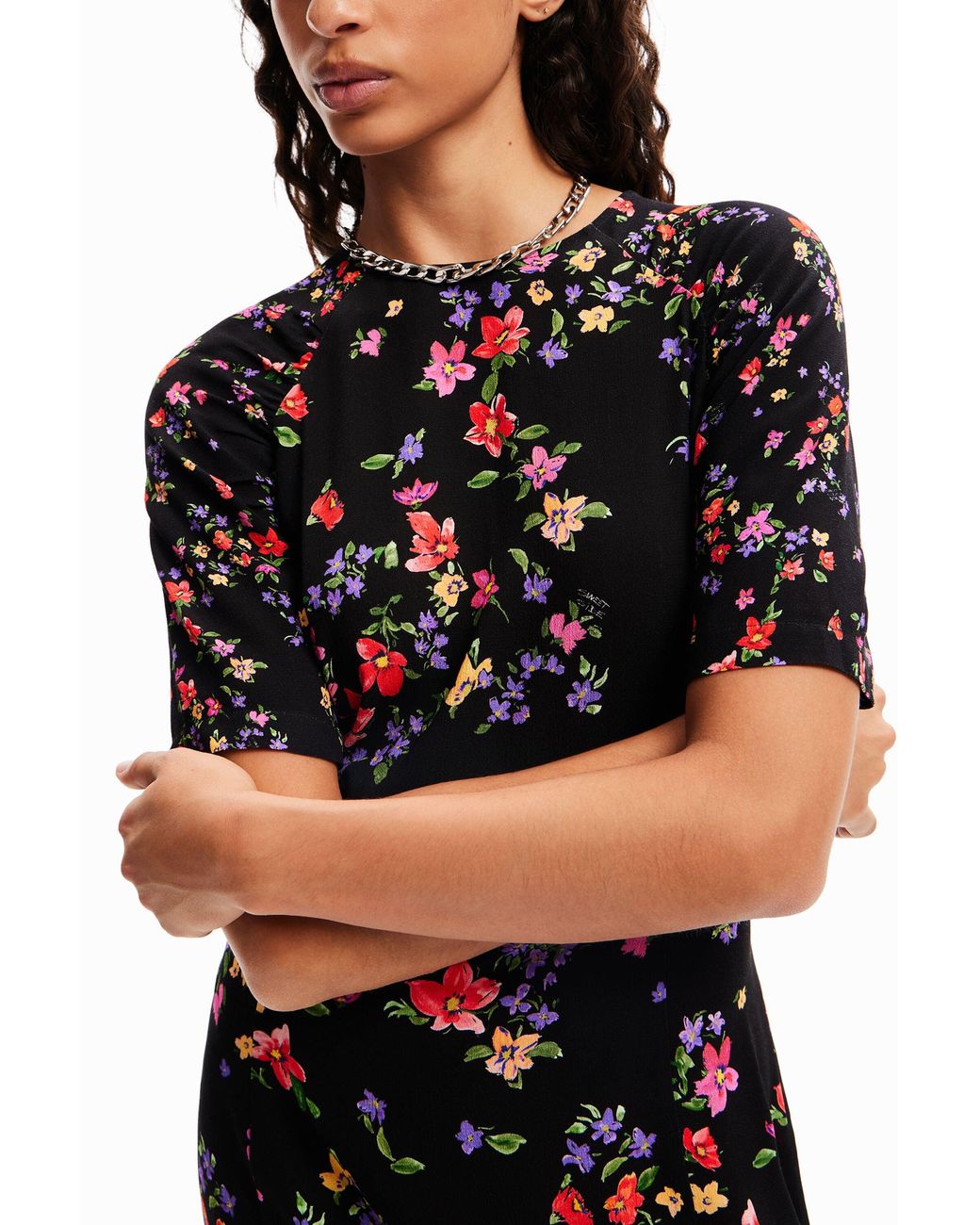 Desigual Black Short Floral Dress, Viscose