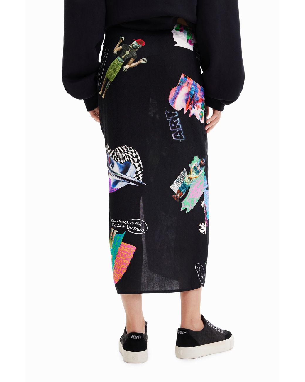 Desigual Black Collage Slim Midi Skirt, Viscose