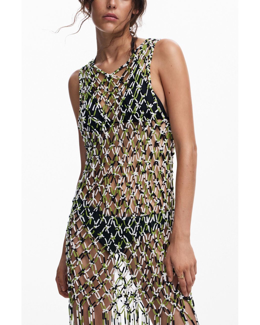 Desigual White Mesh Dress With Net Effect, Cotton