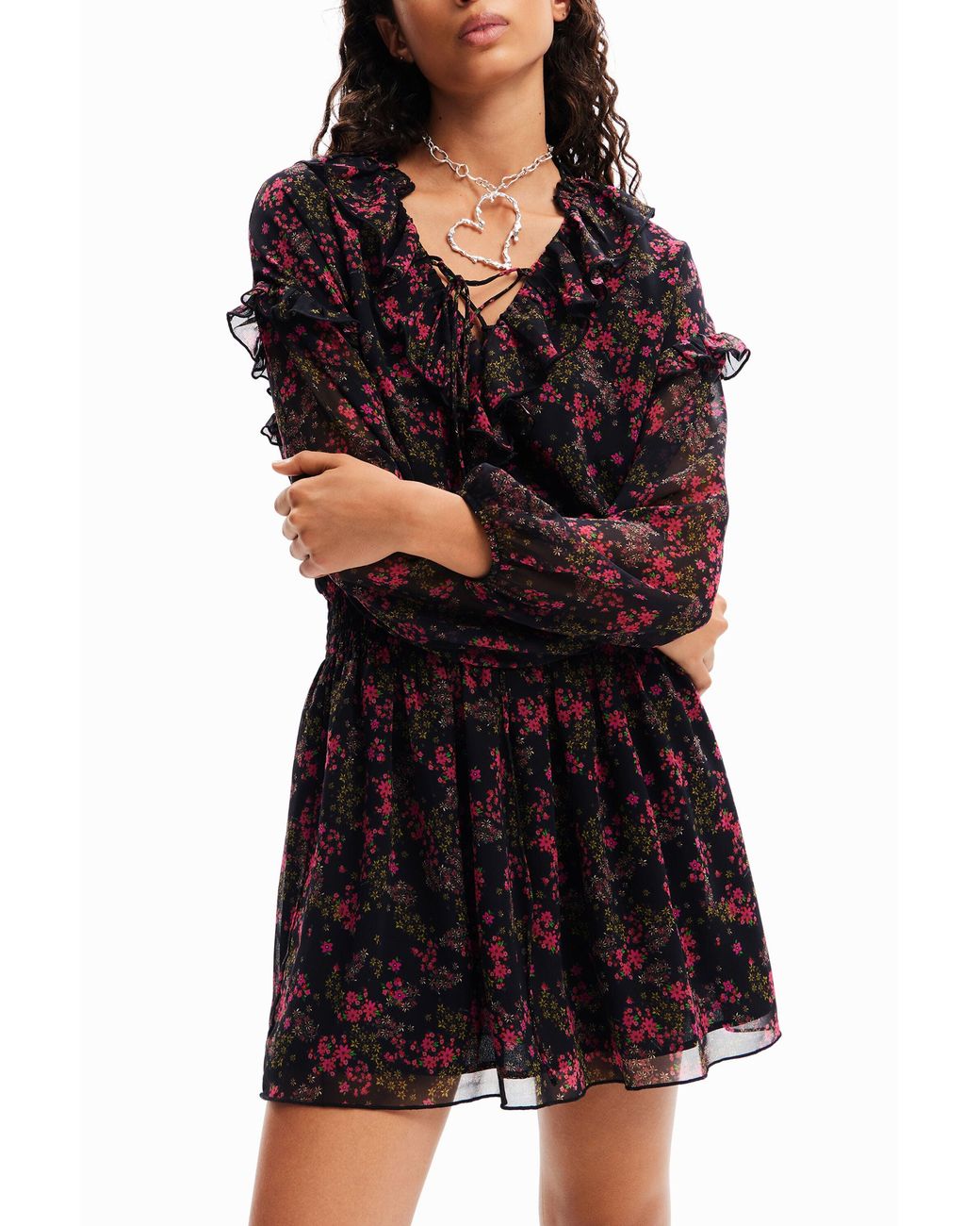 Desigual Purple Short Floral Chiffon Dress, Polyester