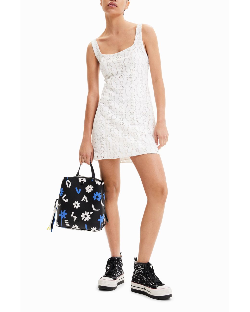 Desigual White Short Lace Dress, Polyester