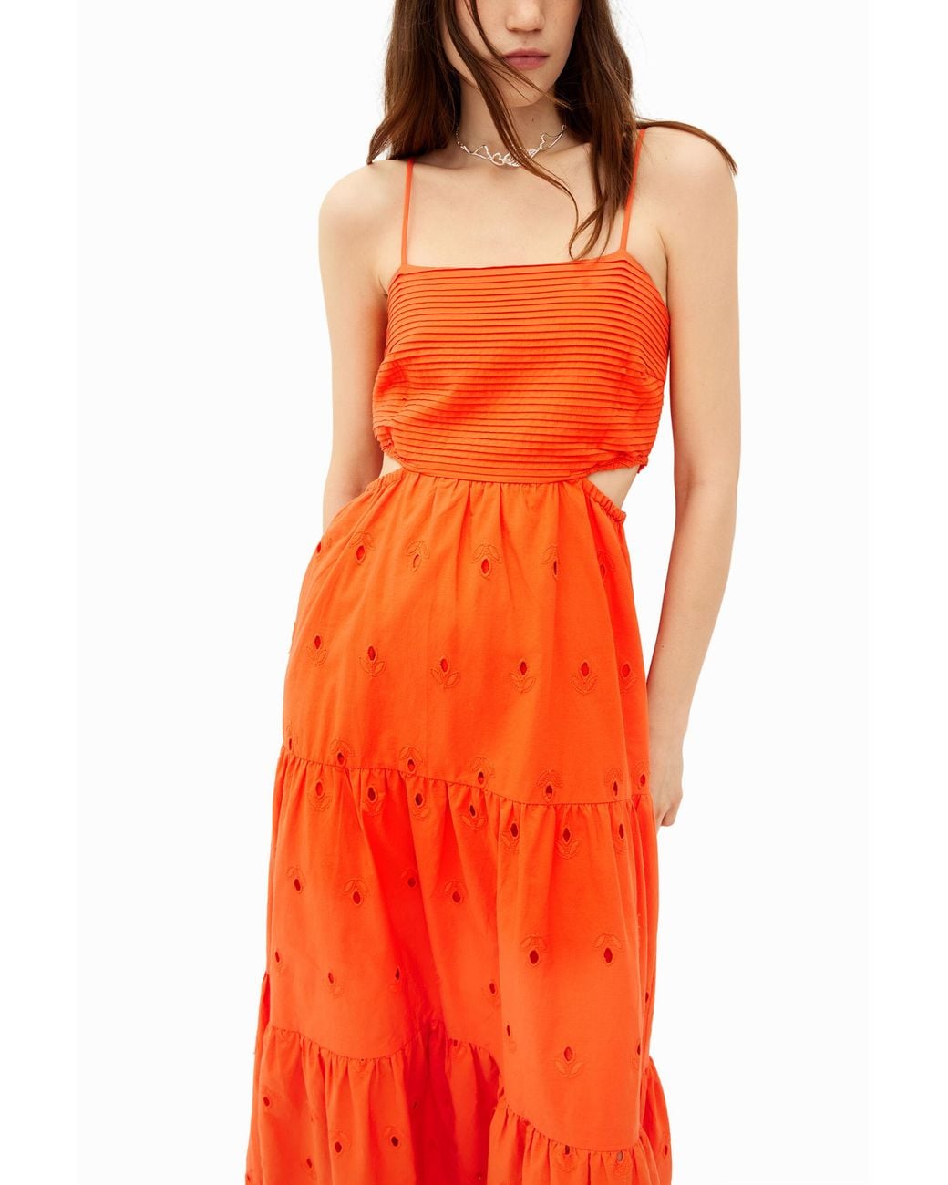 Desigual Orange Long Embroidered Cut-Out Dress, Cotton