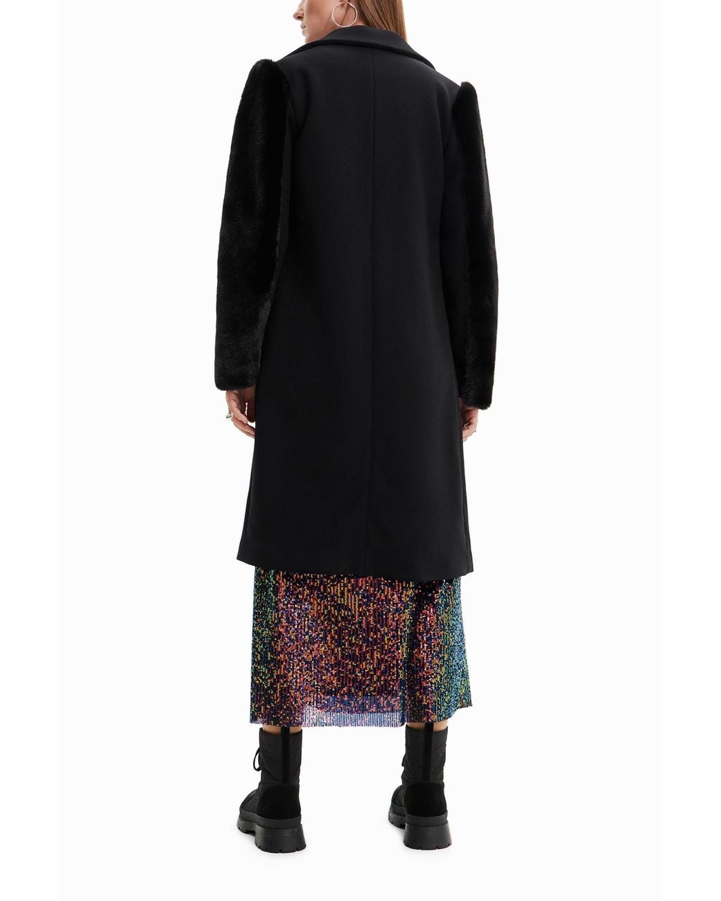 Desigual Black Wool Coat With Fur Effect