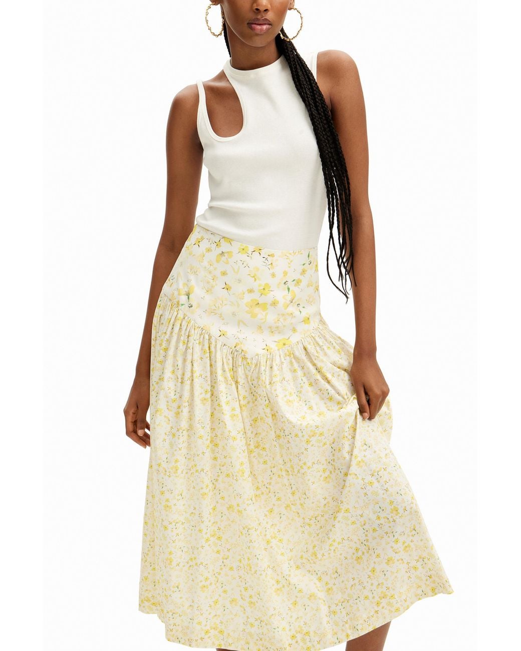 Desigual White Floral Ruffle Midi Skirt, Cotton