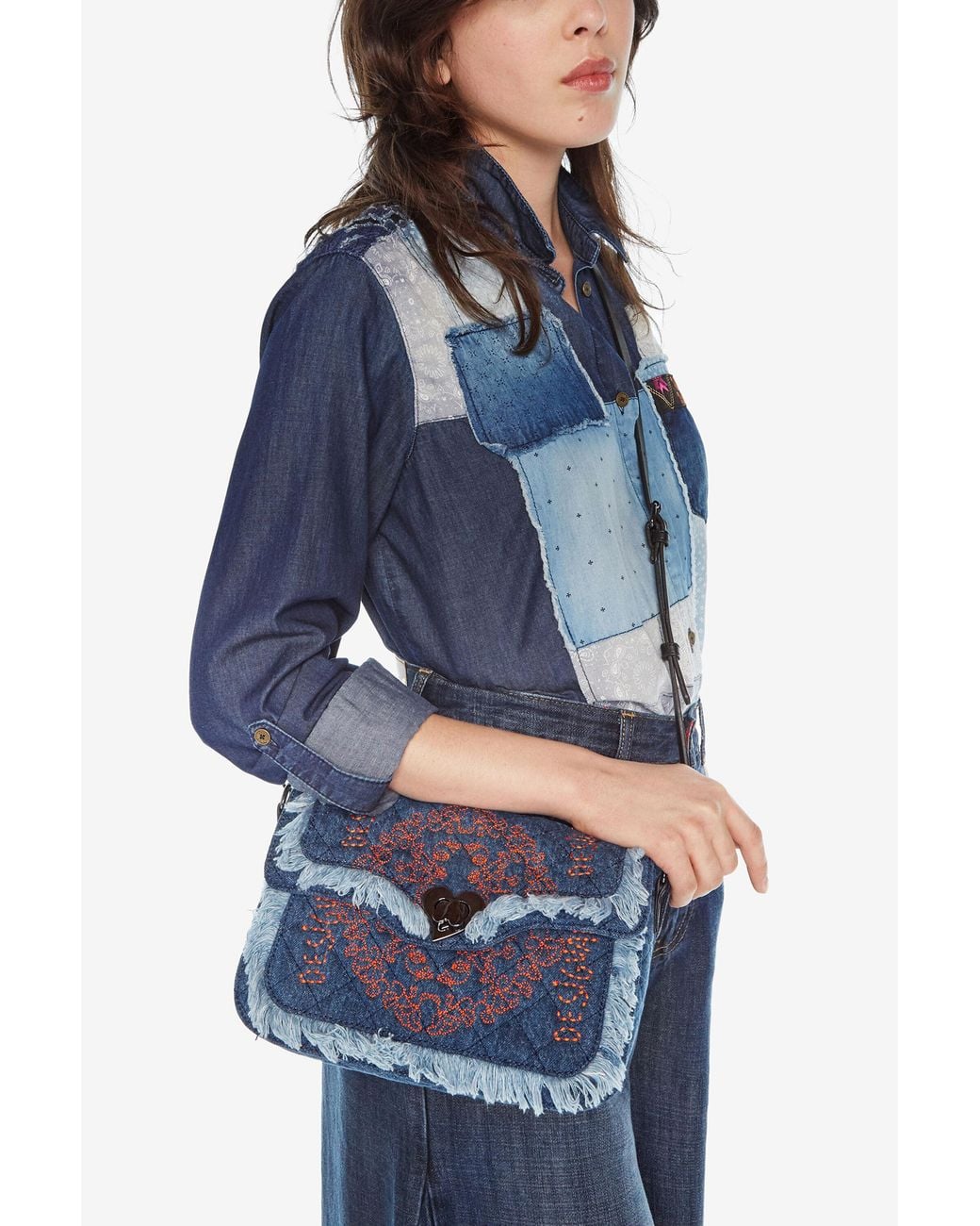 Desigual Blue Little Denim Sling Bag With Fringe, Cotton