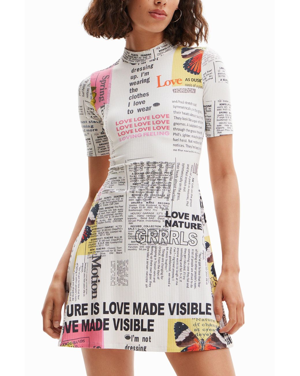 Desigual White Short Newspaper Skater Dress, Viscose