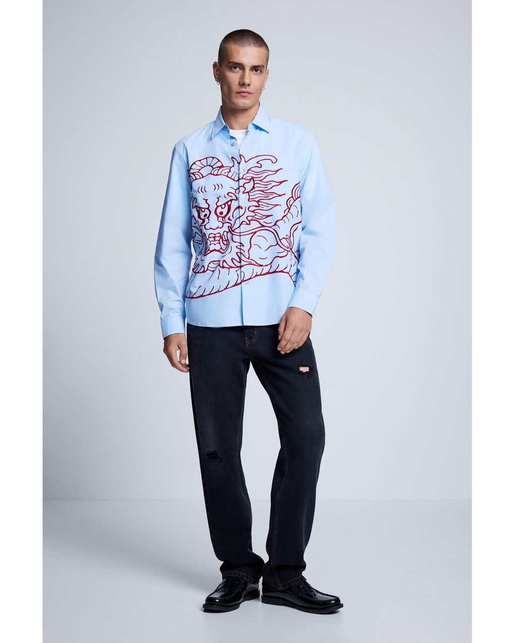 Desigual Blue Embroidered Dragon Shirt, Cotton for men