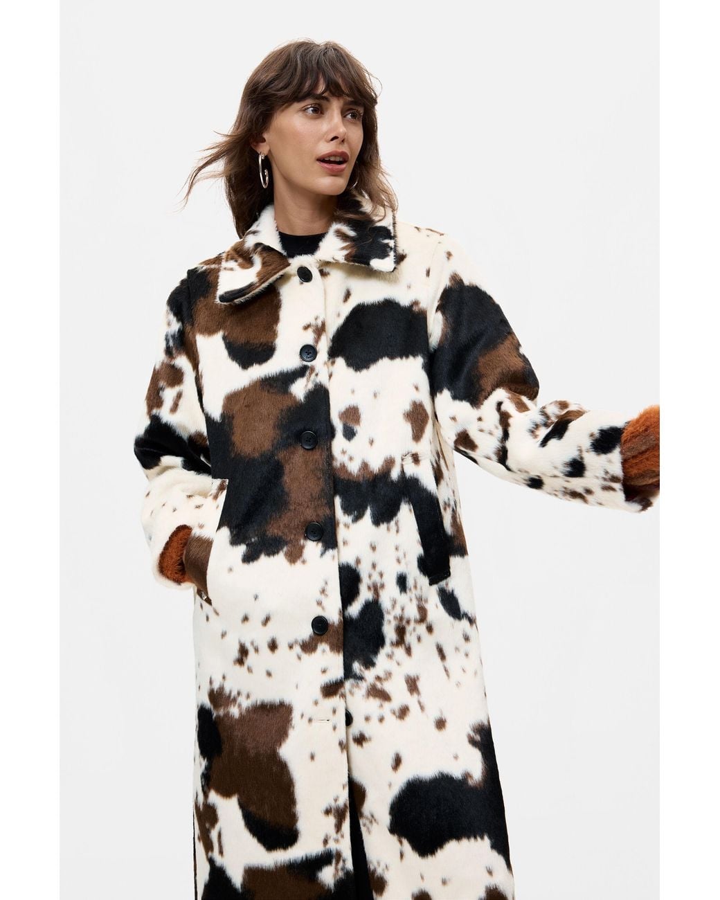 Desigual White Straight Coat With Animal Print Fur