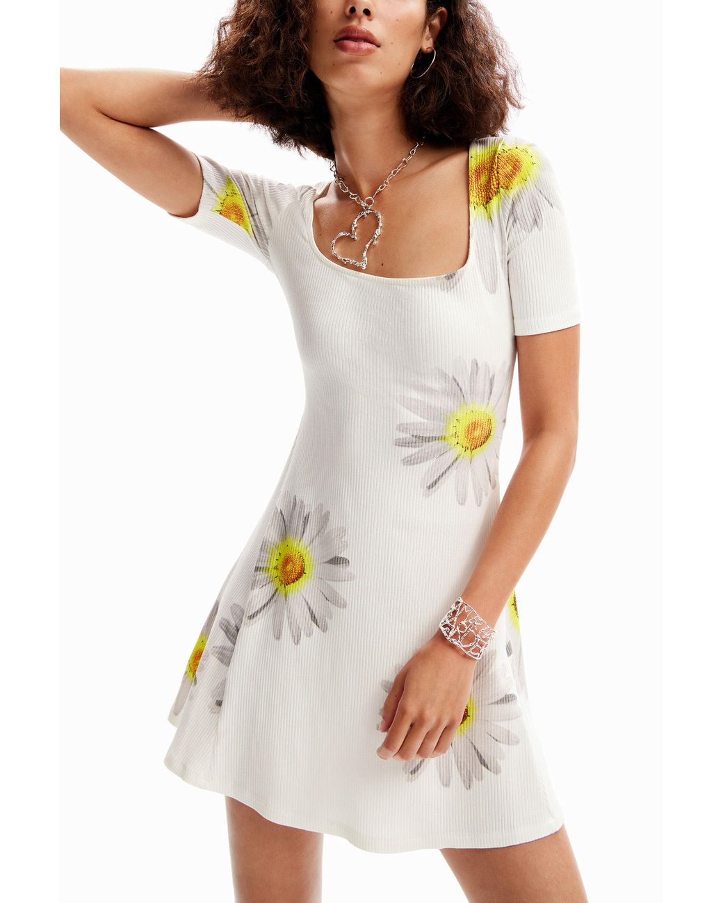 Desigual White Short-Sleeve Dress With Daisies Designed By: M. Christian Lacroix, Viscose