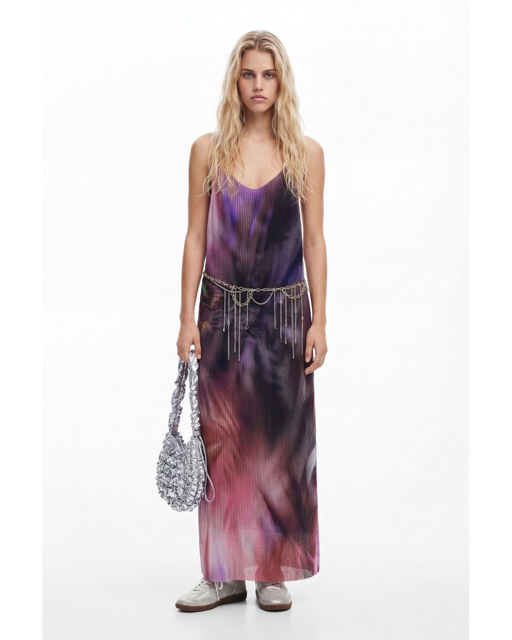 Desigual Purple Pleated Dress With Floral Print, Polyester