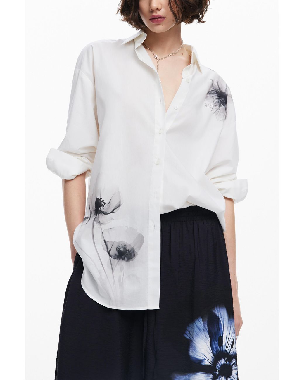 Desigual White Poppy Print Shirt, Cotton