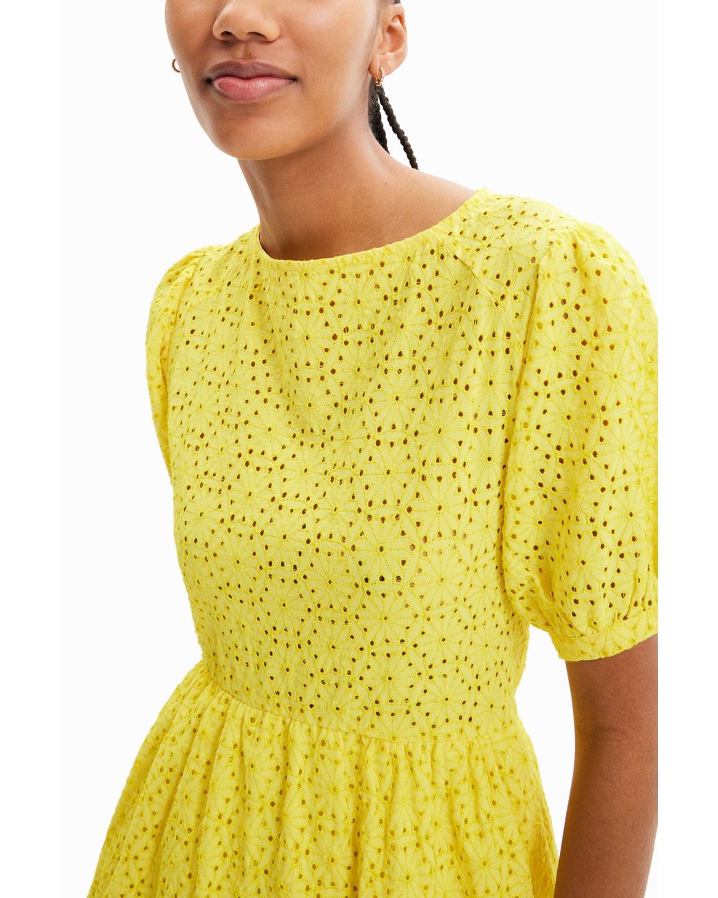 Desigual Yellow Short Swiss Embroidery Dress, Cotton
