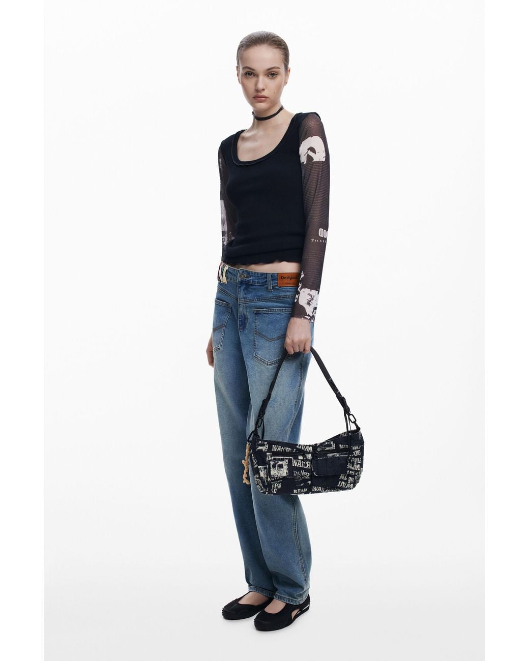 Desigual White Medium Newspaper Handbag, Cotton