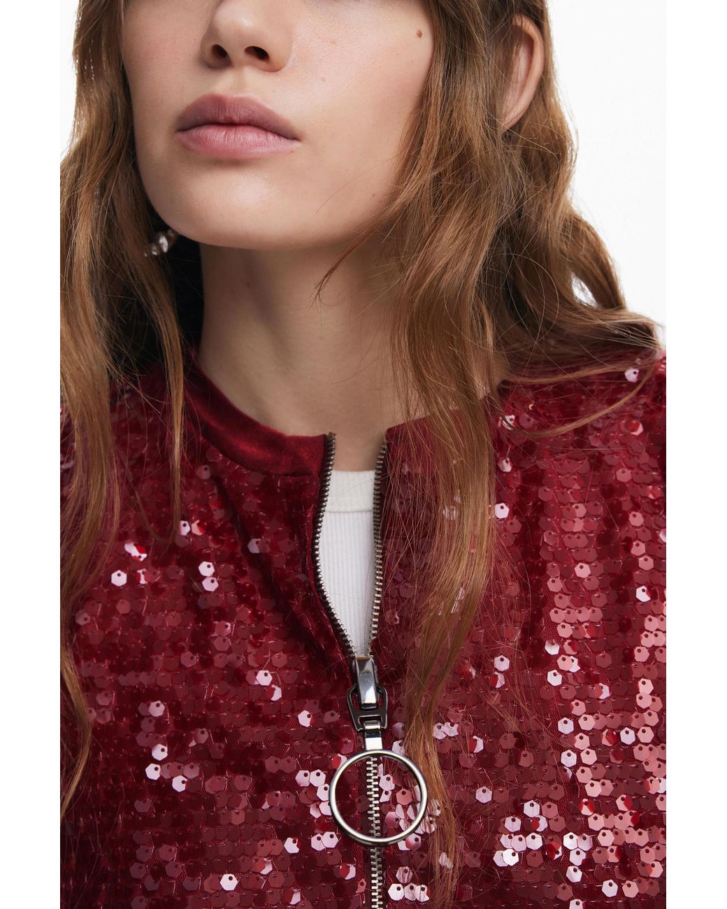 Desigual Red Bomber Jacket With Shine, Polyester