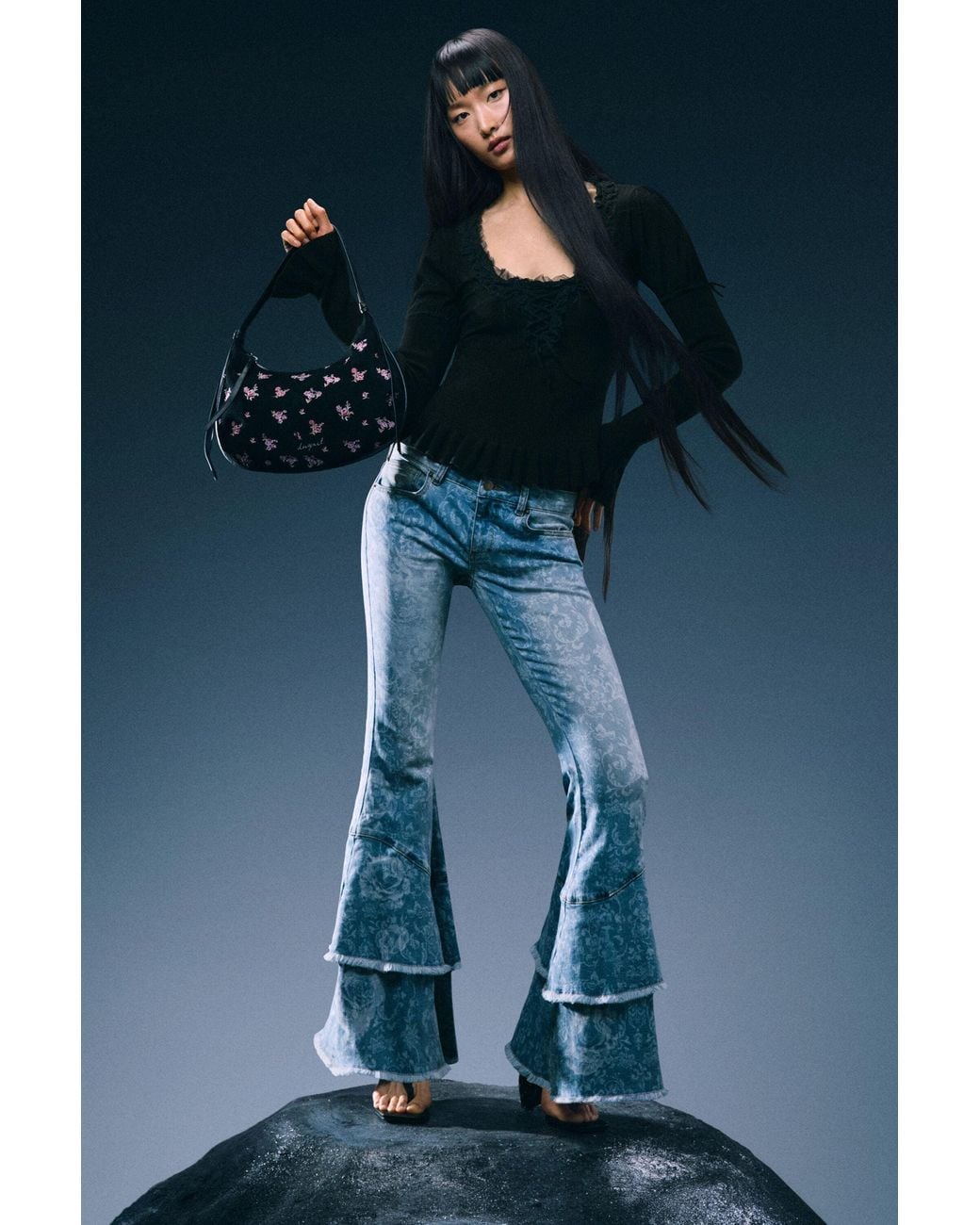 Desigual Blue Printed Flare Jeans, Cotton