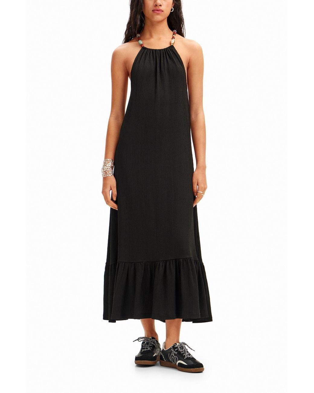 Desigual Black Beaded Strappy Midi Dress, Polyester