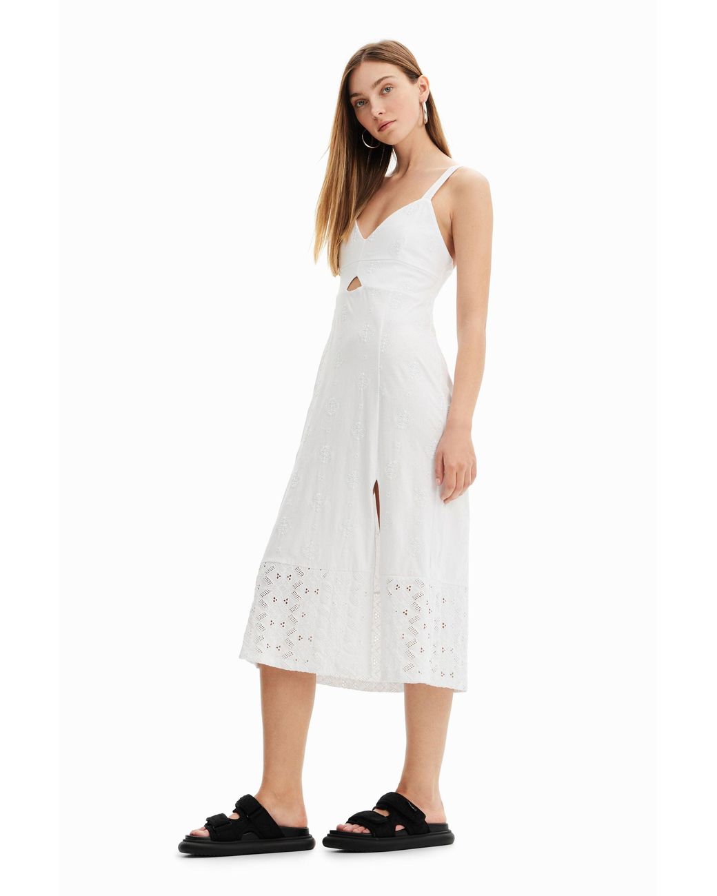 Desigual White Strappy Midi Dress, Cotton