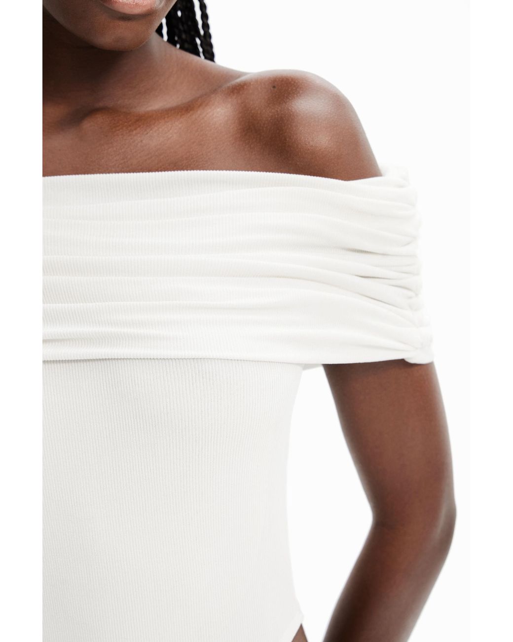 Desigual White Nathy Peluso Draped Neckline Bodysuit, Polyester