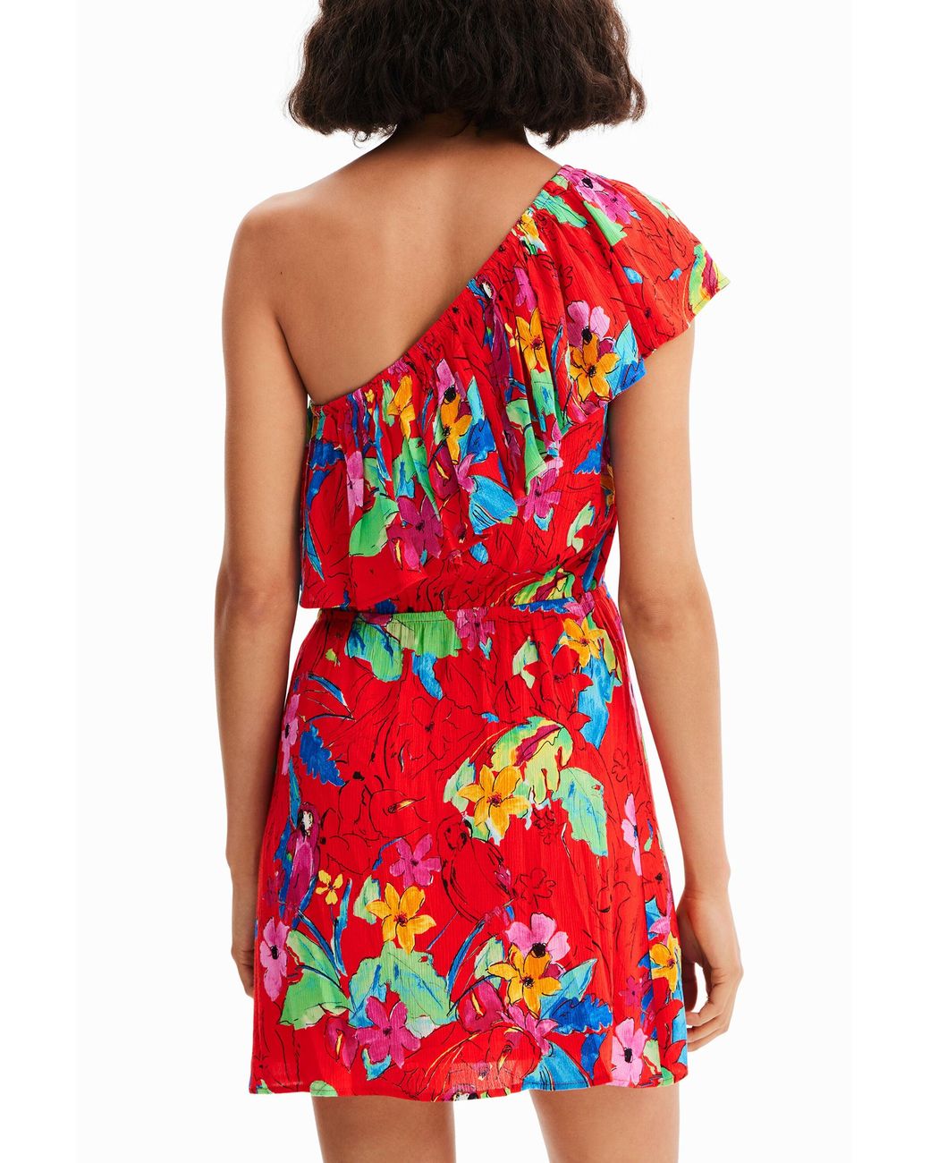 Desigual Red Tropical Asymmetric Short Dress, Viscose