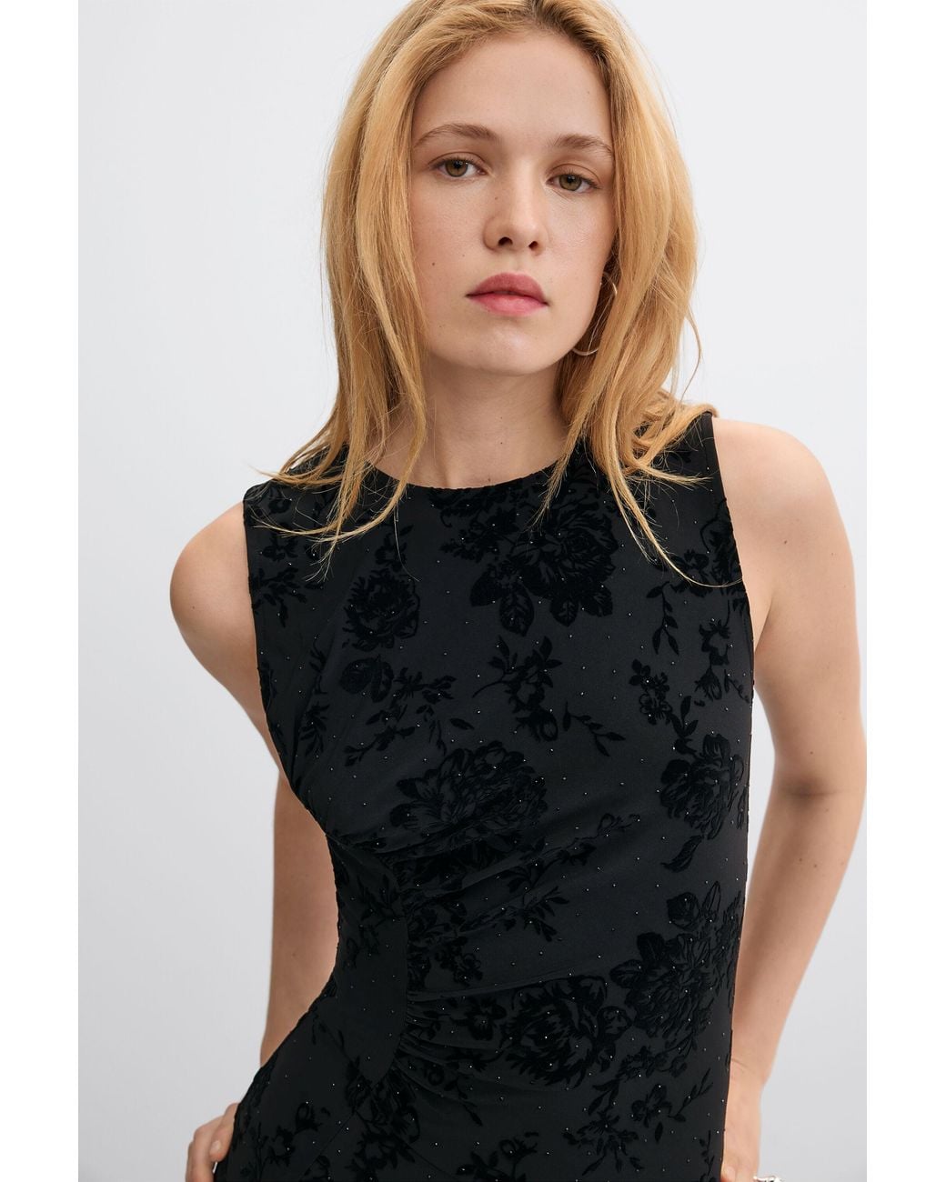 Desigual Black Midi Dress With Flocked Rhinestones, Polyester