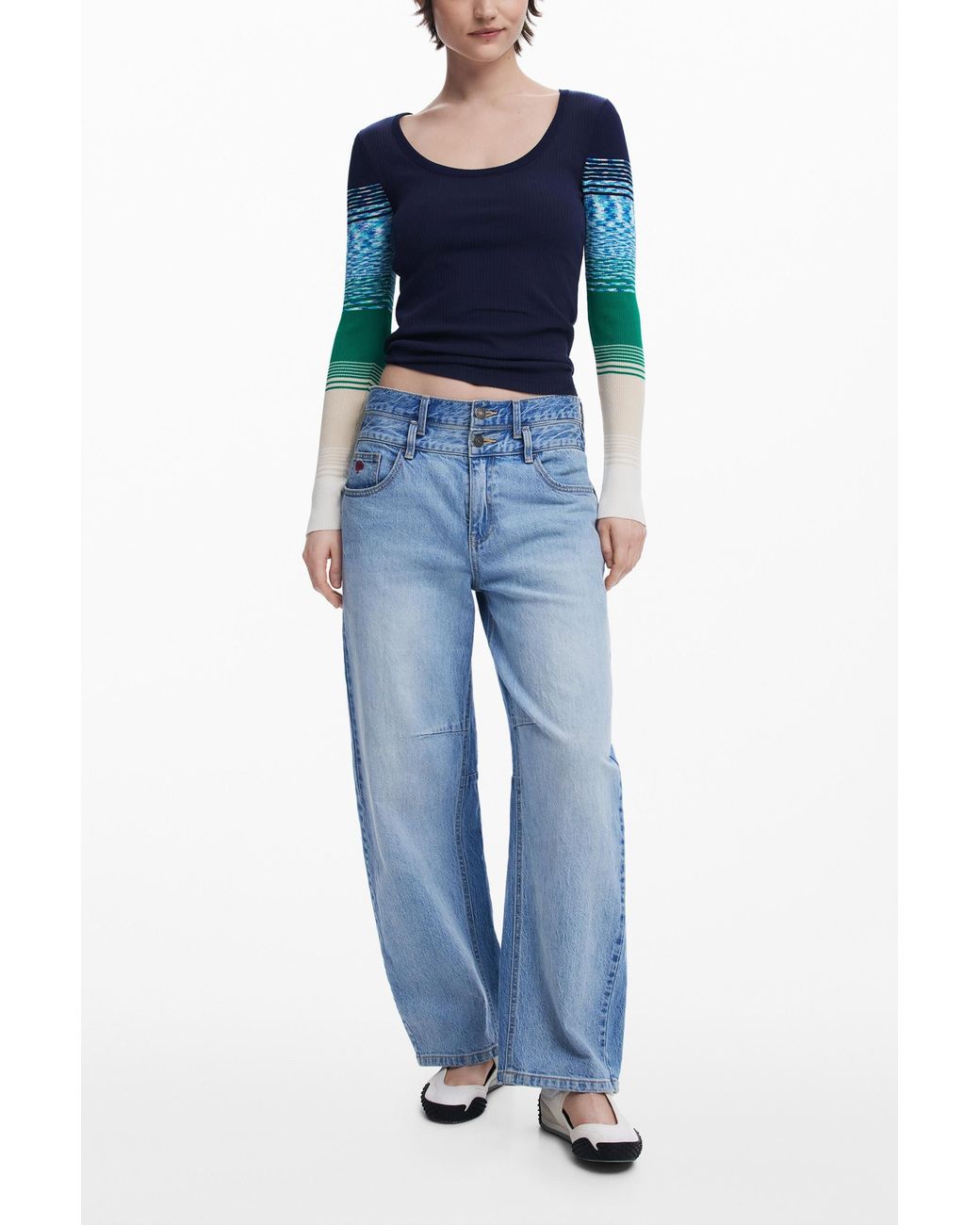 Desigual Blue T-Shirt With Printed Sleeves