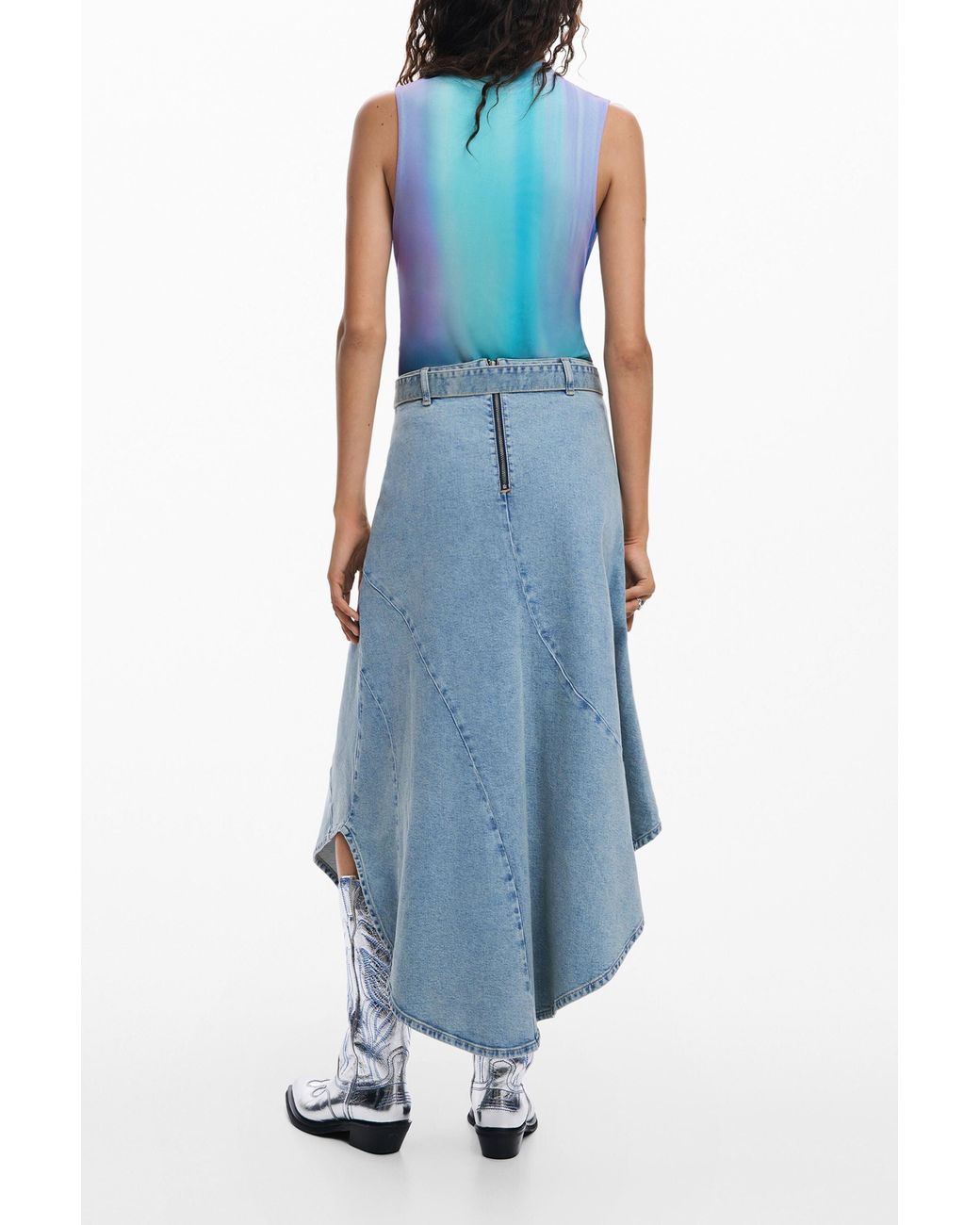 Desigual Blue Asymmetric Denim Skirt, Cotton