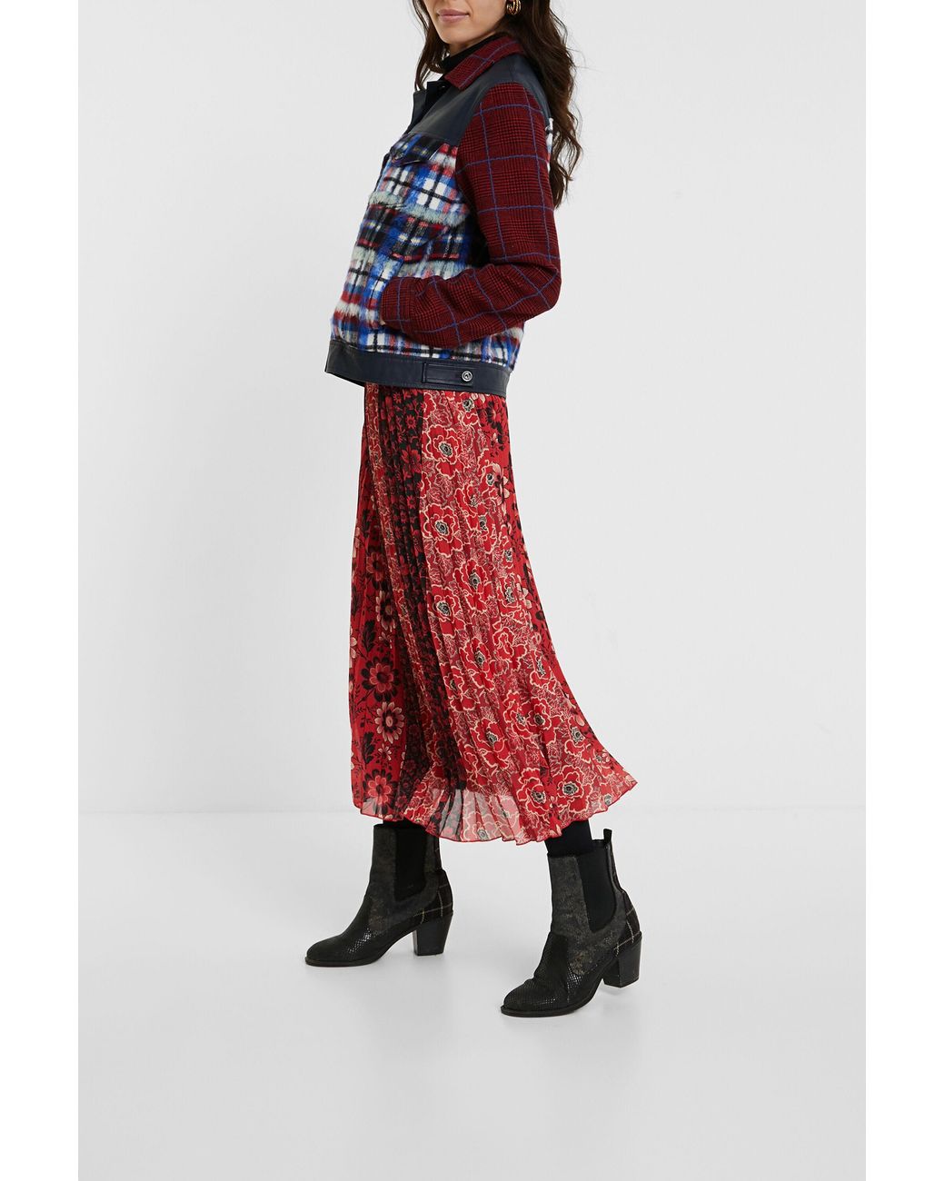 Desigual Red Tartan Fur Jacket