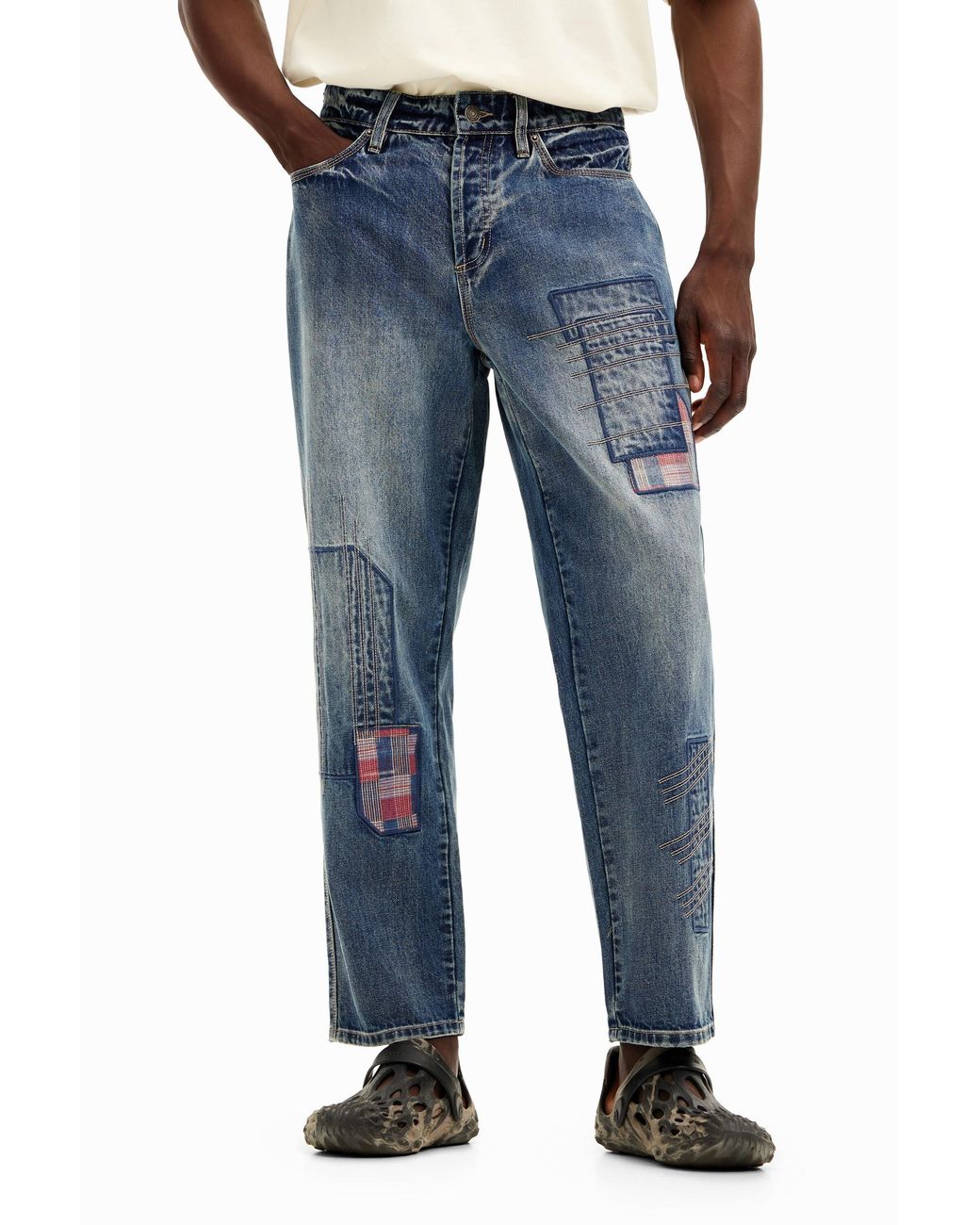 Desigual Blue Patched Denim Pants, Cotton for men