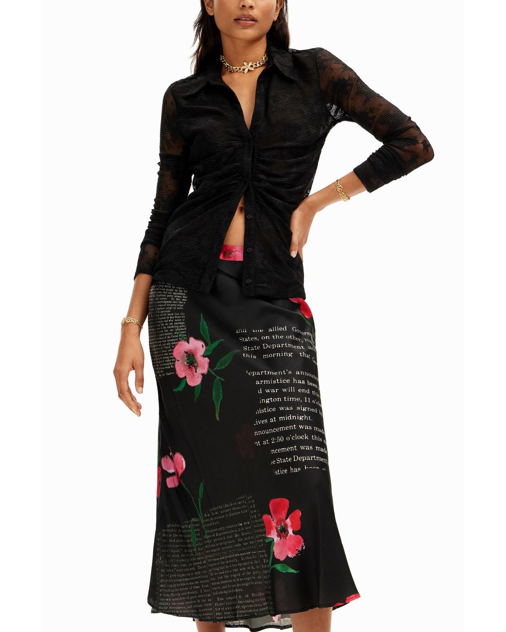Desigual Black Text Slip Midi Skirt, Viscose