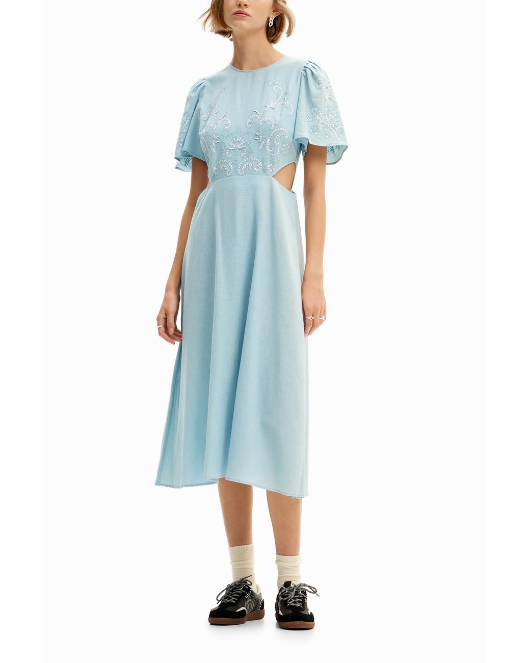 Desigual Blue Embroidered Cut-Out Midi Dress