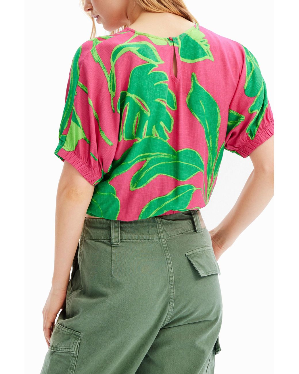 Desigual Red Short Tropical Puff-Sleeve Blouse, Viscose
