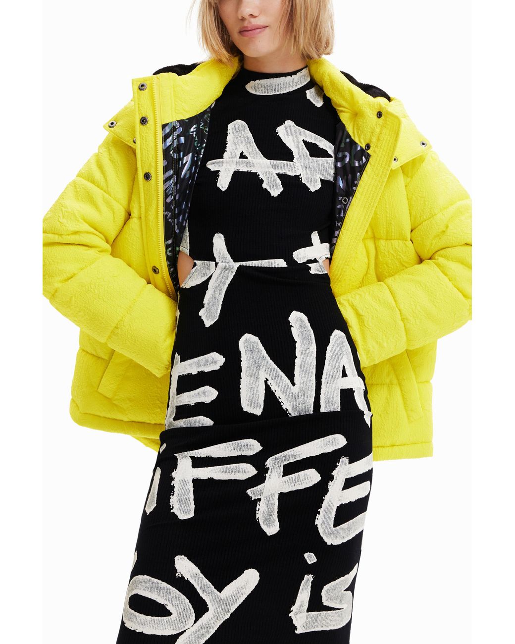Desigual Yellow Textured Padded Jacket