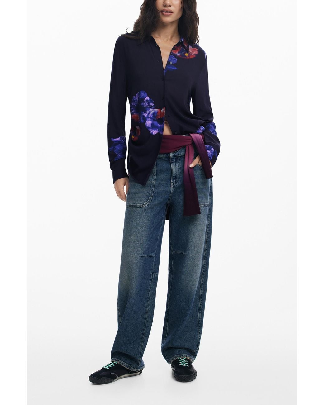 Desigual Blue Gathered Floral Fluid Shirt, Viscose