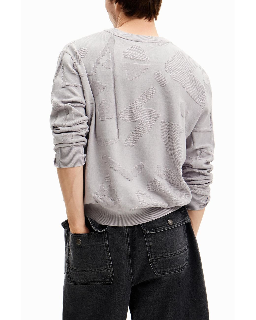 Desigual White Textured Knit Sweater, Cotton for men