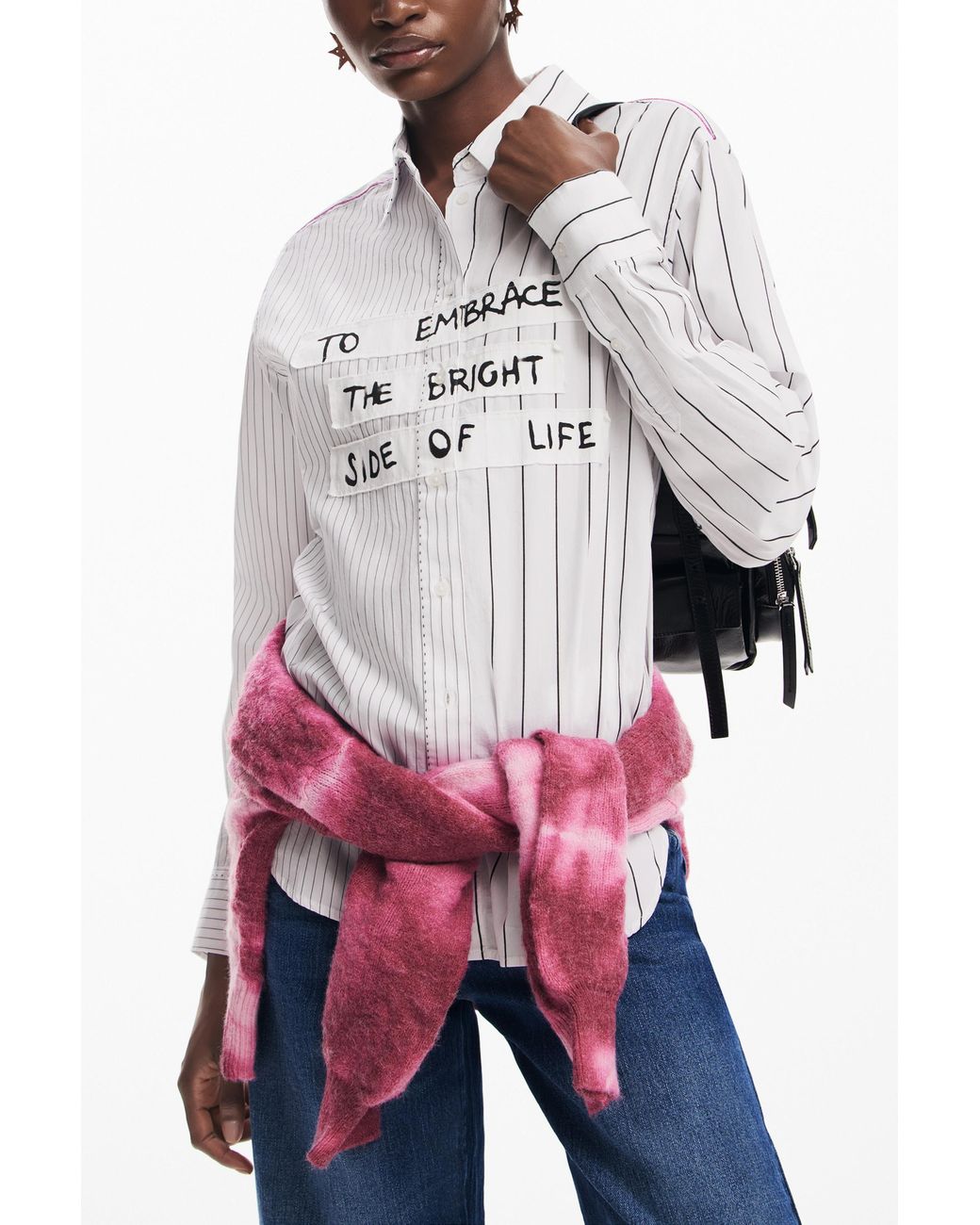 Desigual White Striped Shirt With Phrase, Cotton