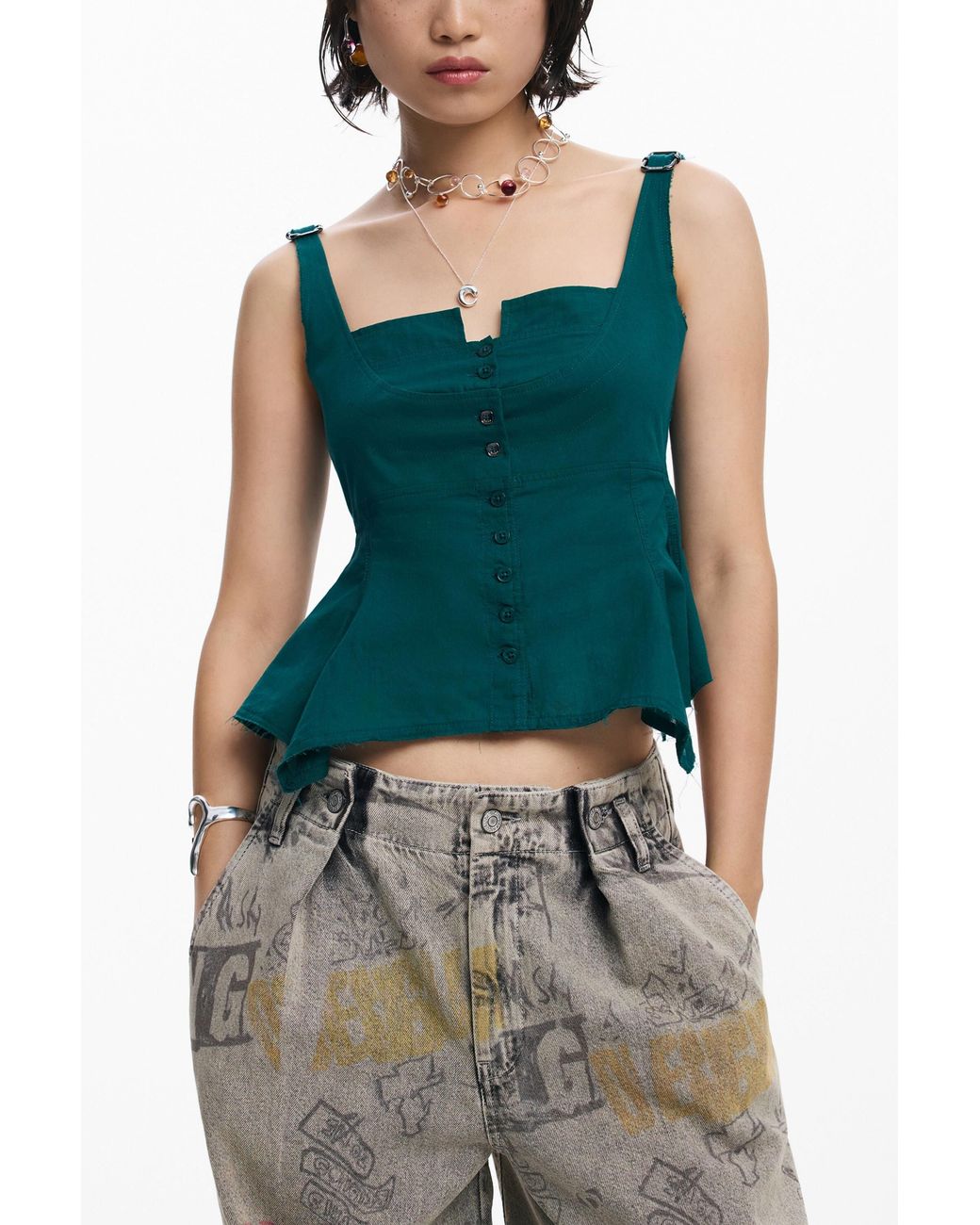 Desigual White Strappy Blouse With Buttons, Cotton