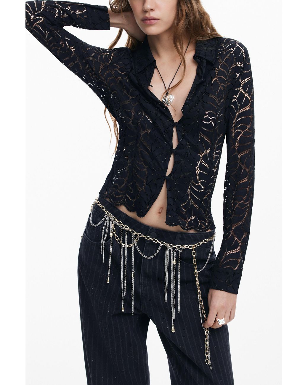 Desigual Blue Floral Lace Blouse, Polyamide