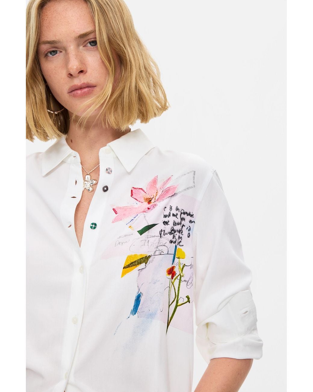 Desigual White Embroidered Floral Shirt, Viscose
