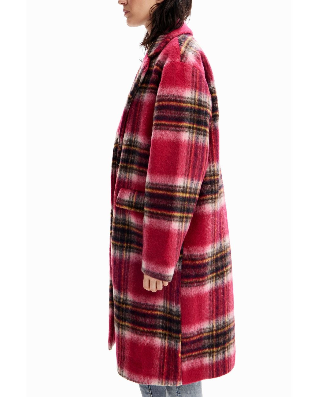 Desigual Red Plaid Wool Coat