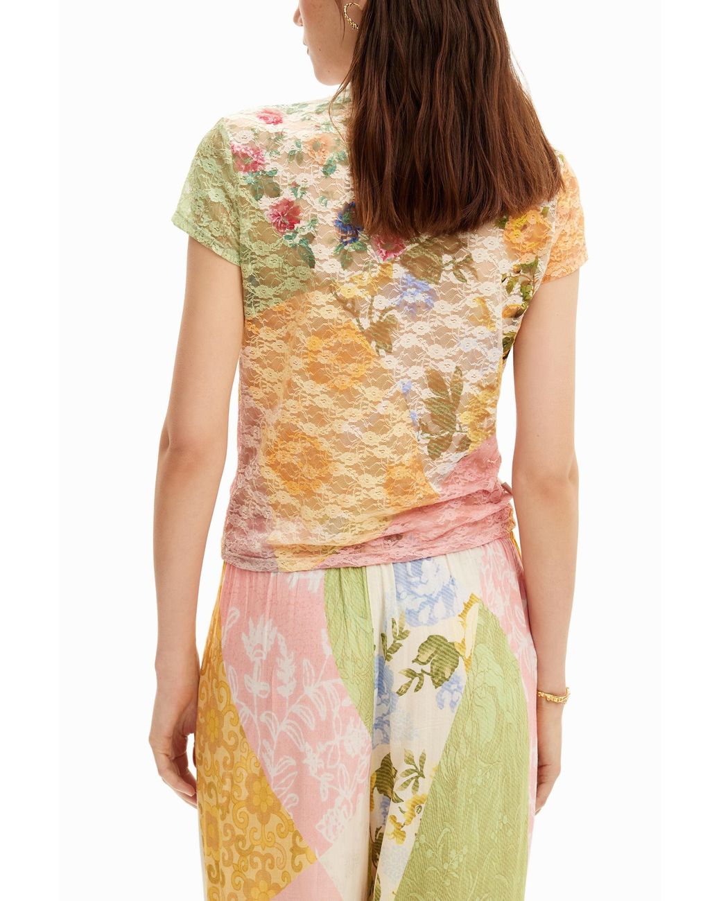Desigual White Lace T-Shirt With Floral Pattern
