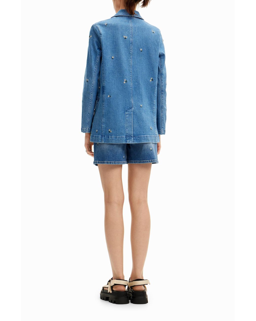 Desigual Blue Denim Blazer With Small Flowers, Cotton