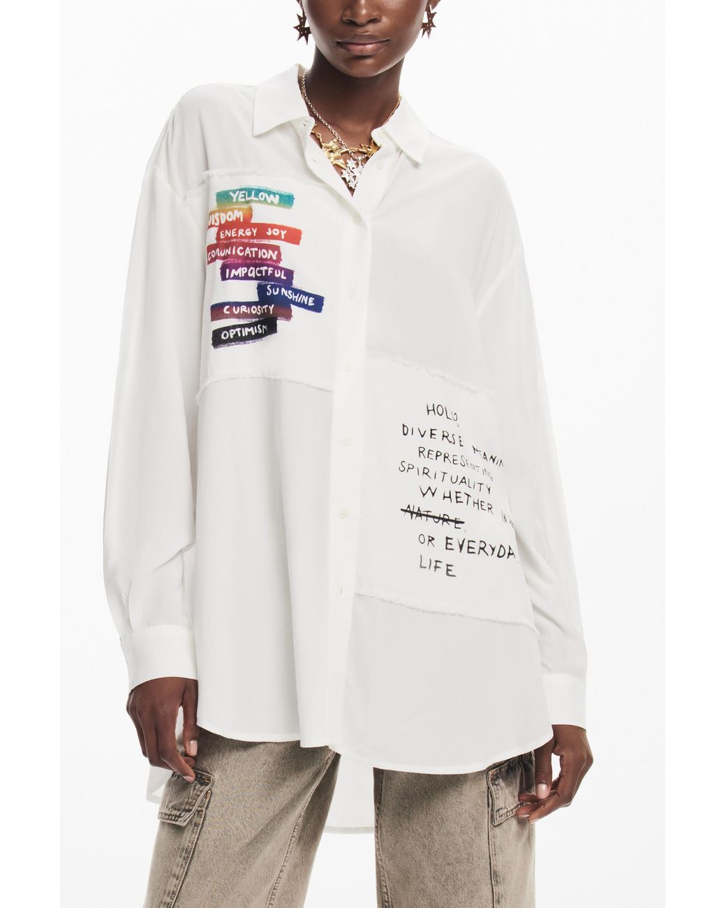 Desigual White Letter Print Shirt, Viscose