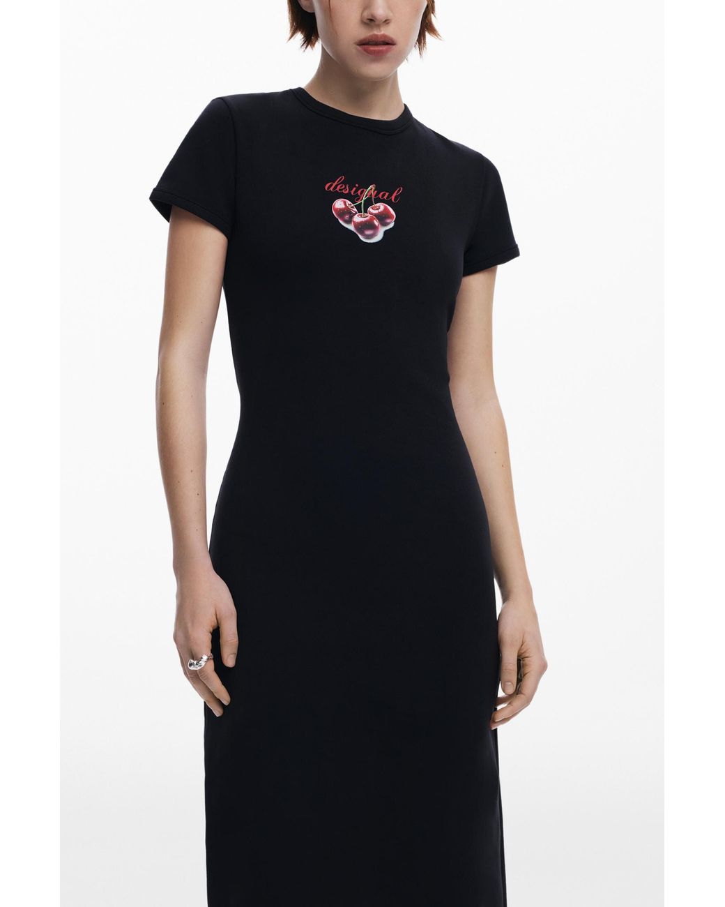 Desigual Blue Ribbed Midi Dress Cherries, Cotton