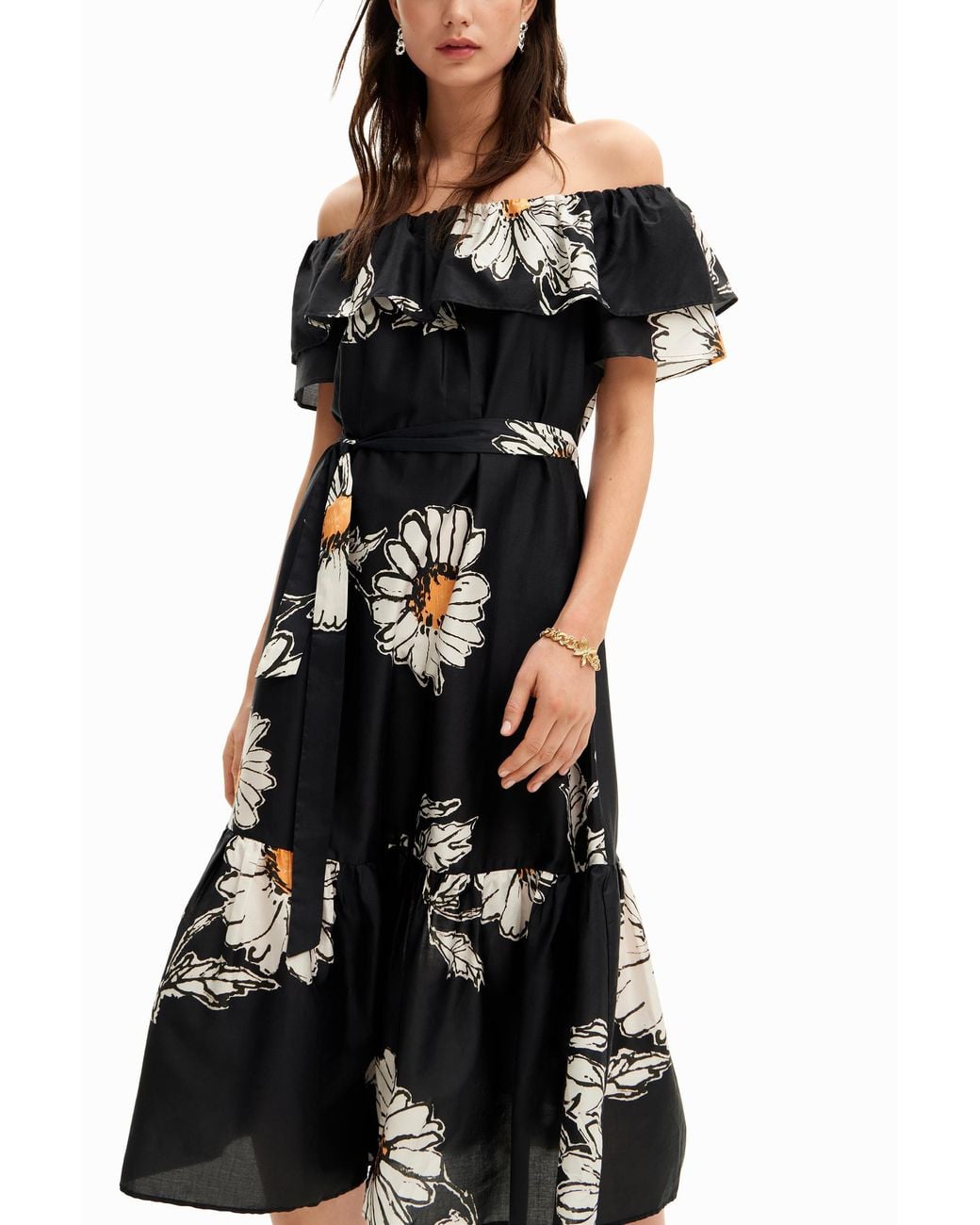 Desigual Black Daisy Ruffle Midi Dress, Cotton