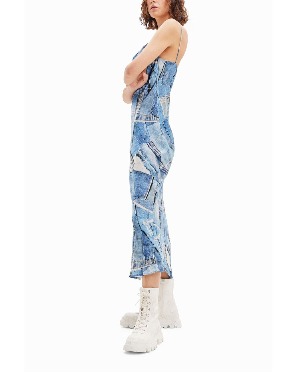 Desigual Blue Denim Patchwork Midi Dress, Viscose