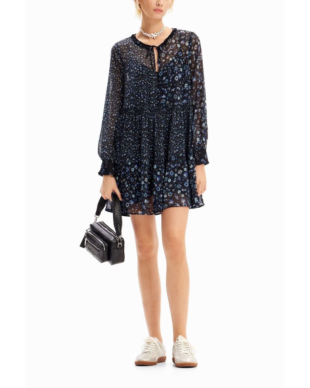 Desigual Blue Short Floral Chiffon Dress, Polyester