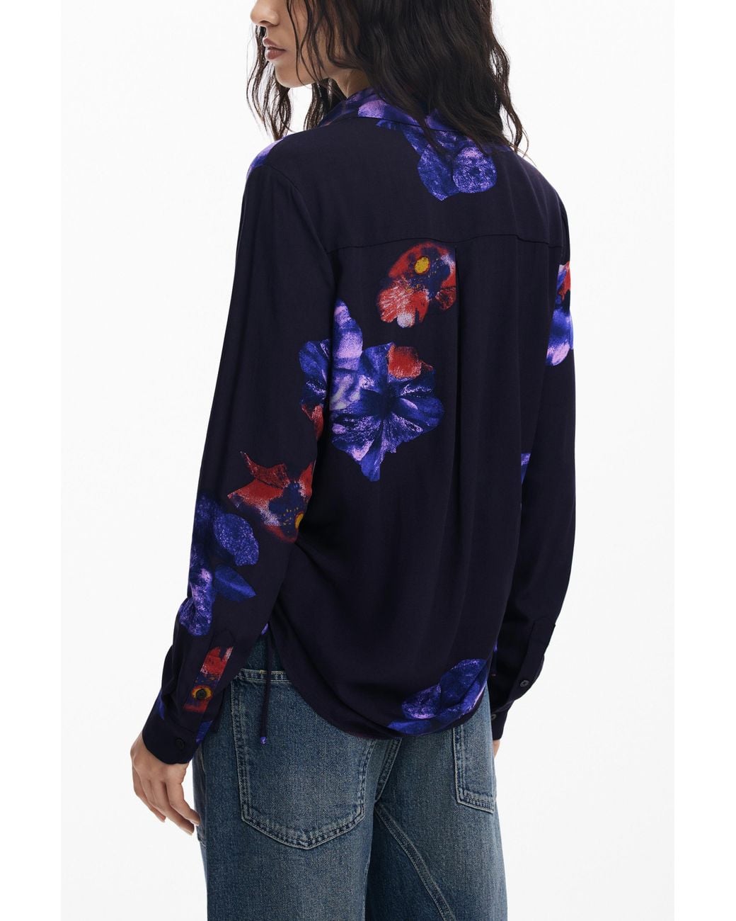 Desigual Blue Gathered Floral Fluid Shirt, Viscose