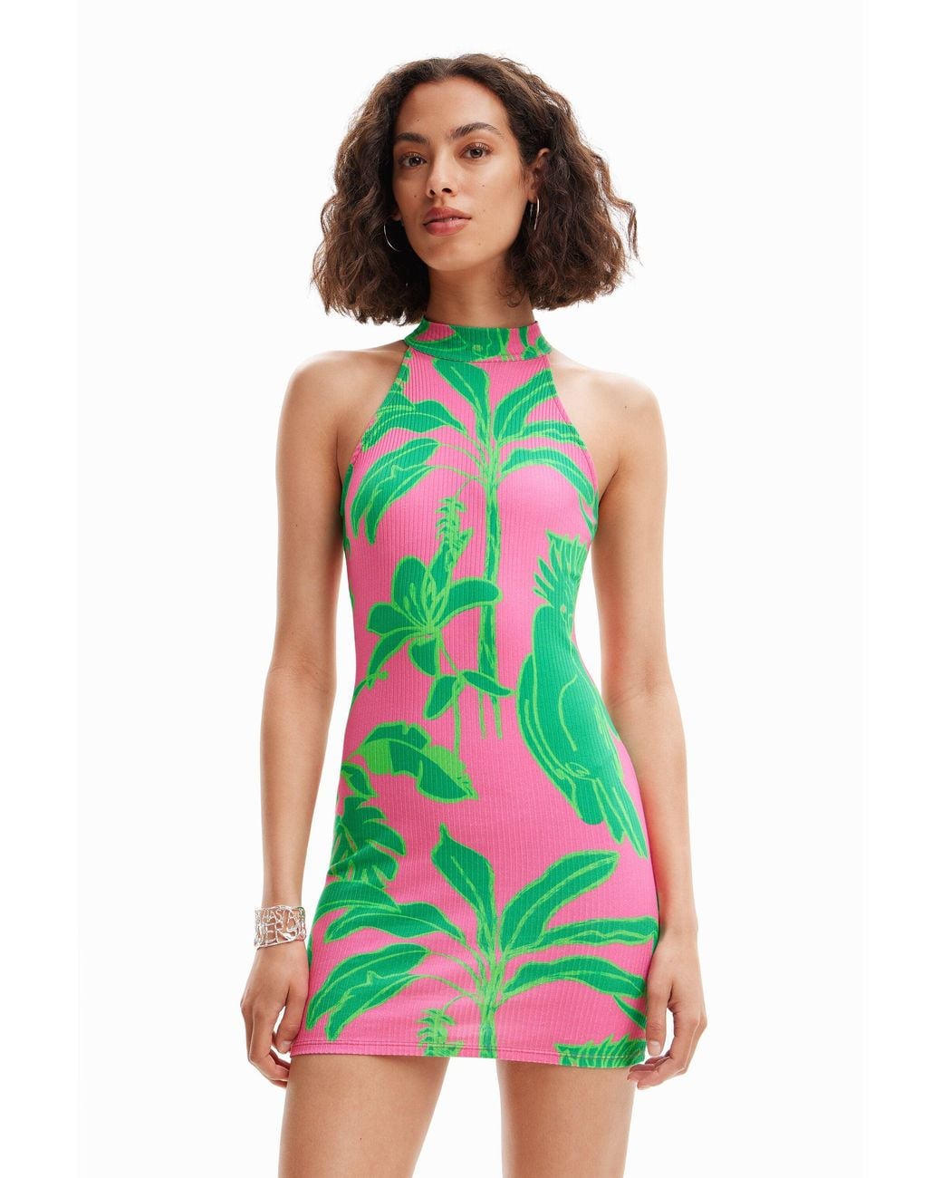 Desigual White Short Halter Neck Dress, Viscose