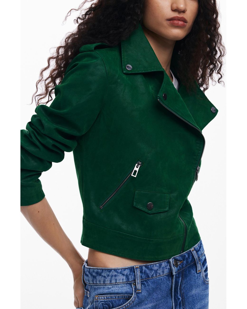Desigual Green Textured Biker Jacket, Polyurethane